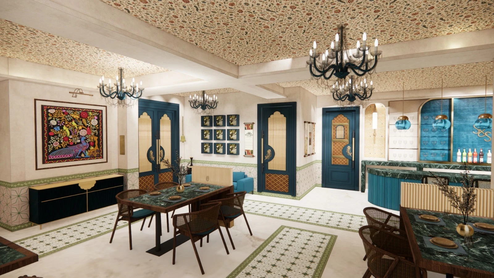 Teal doors, richly patterned walls and a table waiting at Saffron & Smoke