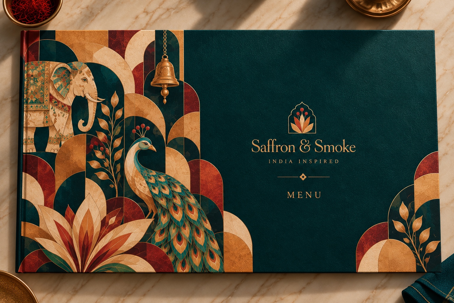 Saffron and Smoke menu cover with an elephant, peacock and botanical motifs